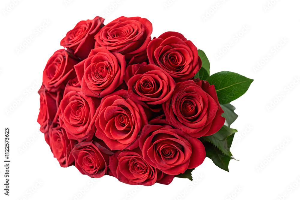Obraz premium A lush arrangement of fresh red roses, each in full bloom, surrounded by dark green leaves, symbolizing deep romance, isolated on a transparent background