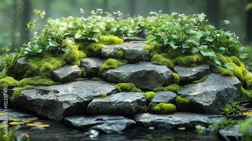 A serene rock formation covered in moss and plants, set in a tranquil forest environment.
