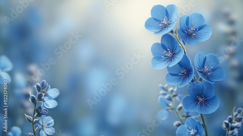 A serene scene featuring delicate blue flowers against a soft, blurred background.