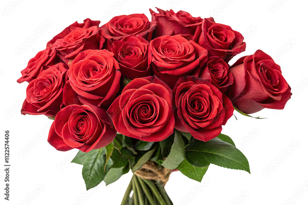 Obraz premium A tightly arranged bouquet of vibrant red roses with deep green leaves, exuding timeless romance and elegance, isolated on a transparent background