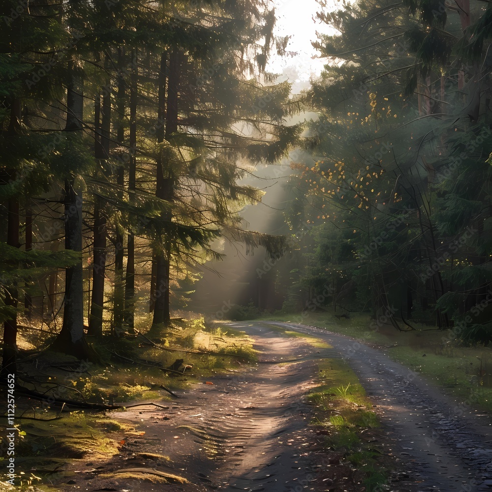 Obraz premium Sunlit Forest Trail with Morning Light