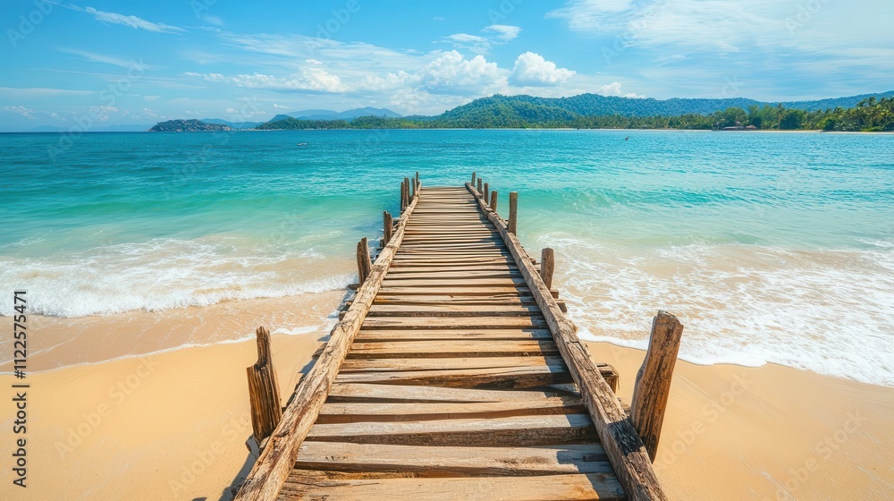 Fototapeta premium Travel image showing a wooden pier leading into the turquoise ocean on an exotic beach