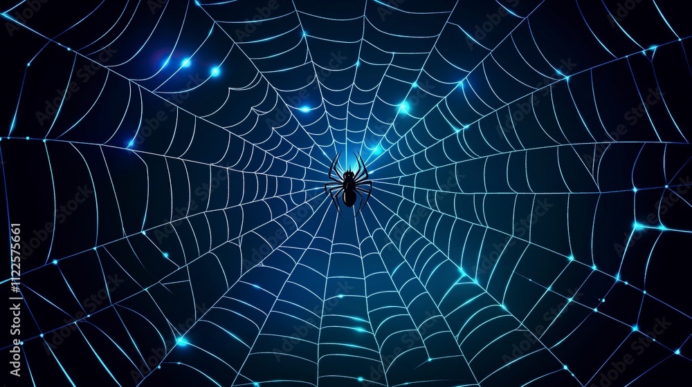 Obraz premium realistic black spider web background. with beautiful blue light.