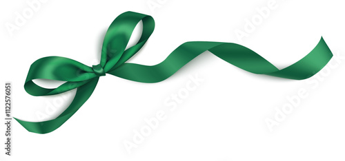 Decorative diagonally green bow with green swirl ribbon on the corner isolated on white. Beautiful New year or Christmas decoration for your design. Vector stock illustration.