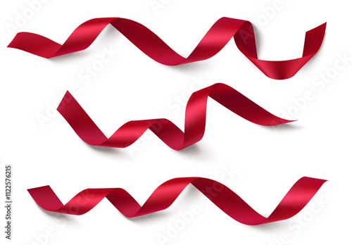 Set of wonderful horizontal decorative Christmas or New Year red swirl ribbon isolated on white. Beautiful element decoration for Valentines Day holiday design. Vector stock illustration.