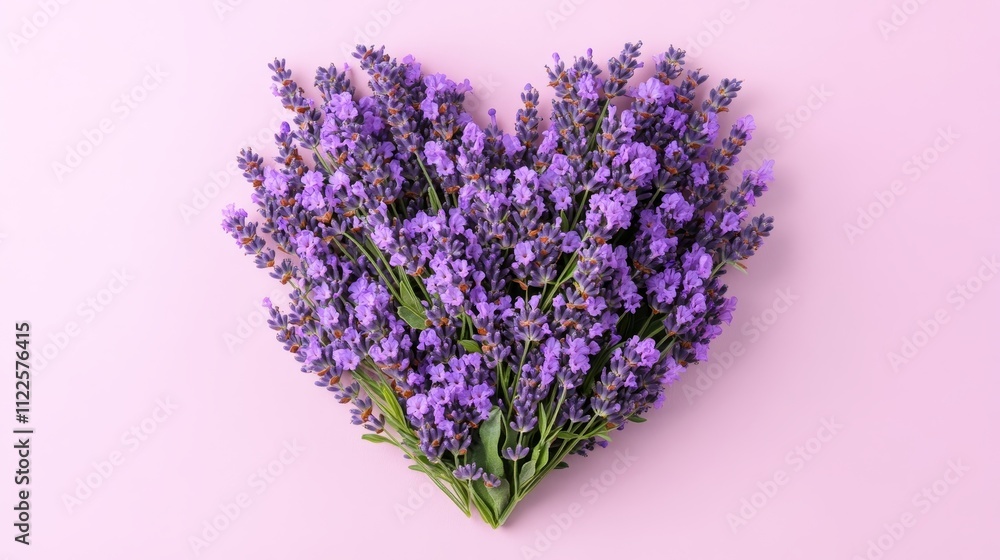 Obraz premium Heart of Lavender Flowers on a Pink Background, Valentine s Day Love, Romance, and Wellness Concept