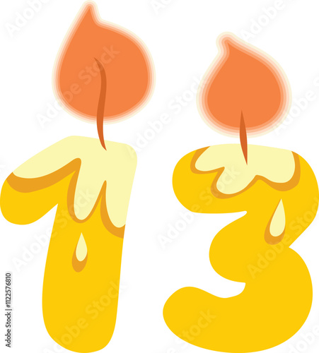 Number Thirteen Shaped Candle Vector Cartoon Design Illustration. Numerical designed celebratory decor for birthday event 
