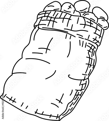 Line drawing of a sack filled with potatoes.