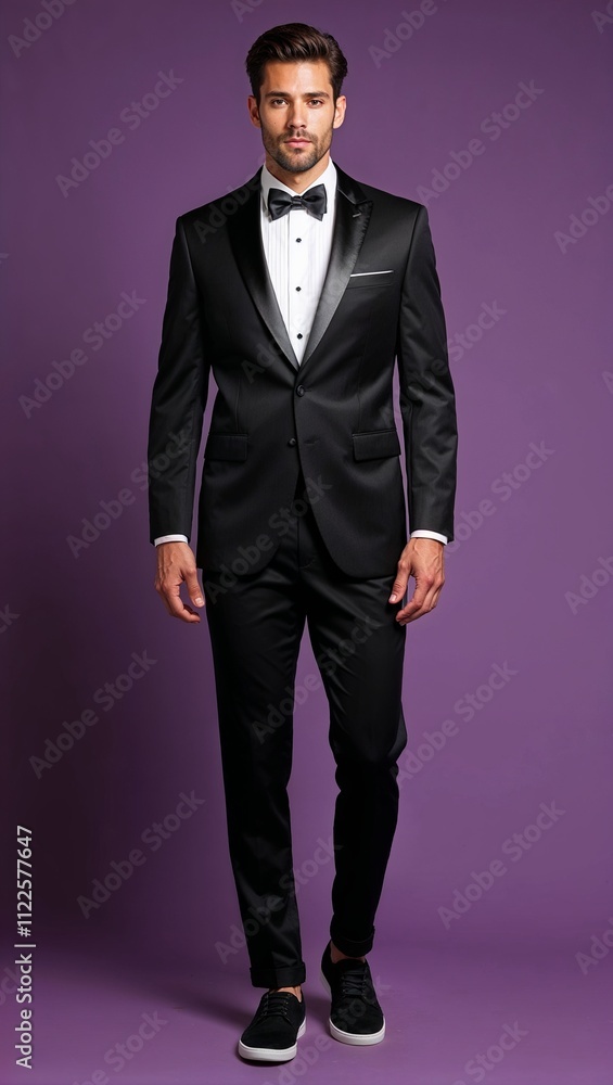 Mens black tuxedo jacket with satin lapels and single button design paired with casual trousers purple background Mens black tuxedo jacket with satin lapels and single button design paired with casual trousers purple background