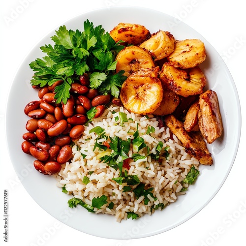 Delicious plate of rice, beans, plantains, and fresh herbs on white background. photo