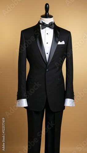 Mens black tuxedo one button design with satin shawl collar white dress shirt gold background  photo