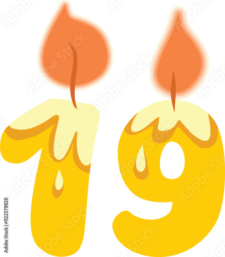 Number Nineteen Shaped Candle Vector Cartoon Design Illustration. Numerical designed celebratory decor for birthday event 
