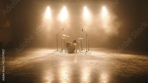 Empty Stage with Drum Kit Spotlights Concert Music Venue Performance