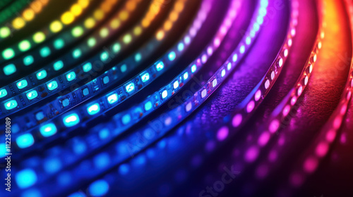 Colorful and Vibrant LED Light Strips Illuminating a Dark Surface, Creating an Eye-Catching Abstract Background with Curved Lines and Soft Glows