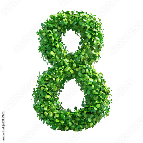A vibrant green number eight formed from lush leaves and foliage.