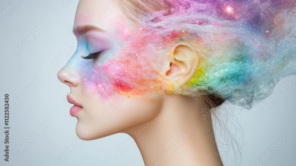 Fototapeta premium Cosmic Beauty Woman s Face with Galaxy Makeup and Hair