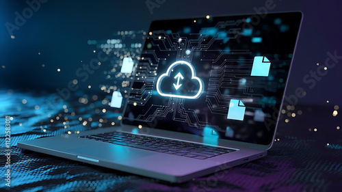 Wallpaper Mural Close-Up of Laptop with Glowing Cloud Icon, cloud computing concept, cloud storage, uploading data on cloud,CC Torontodigital.ca