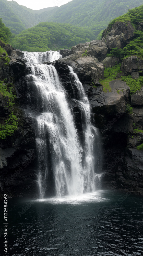 Obraz premium Waterfall cascading over dark rocks surrounded by lush green foliage in a misty mountainous landscape. Scenic nature photography for phone wallpaper