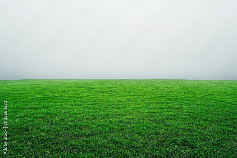 Obraz premium Lush green field under a cloudy sky creates a tranquil atmosphere in early morning light