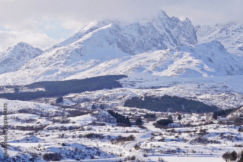 Beuatiful snow mountain and town during winter season.