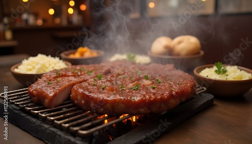 Grilled Kebapche with Sauerkraut and Bread in Cozy Restaurant Setting photo