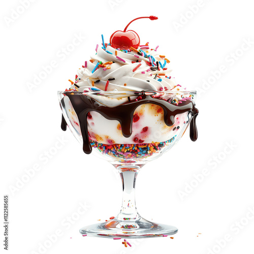 A delicious ice cream sundae topped with whipped cream, sprinkles, and a cherry.