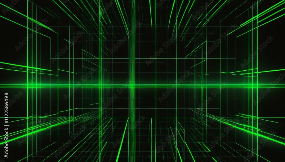 Fototapeta premium Abstract digital art with green neon lines forming a grid pattern over a black background