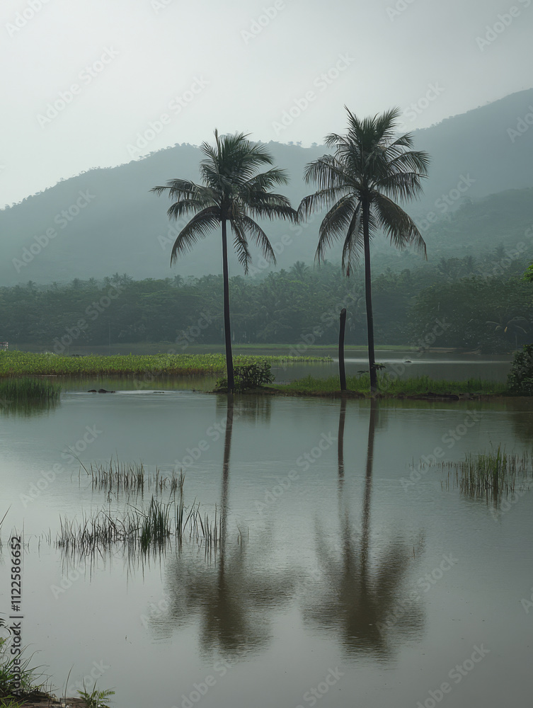 Obraz premium Serene reflection of palm trees in a misty lake surrounded by mountains