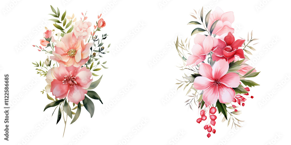 Fototapeta premium A vibrant arrangement of pink and peach flowers with lush green leaves, showcasing intricate details and natural beauty.