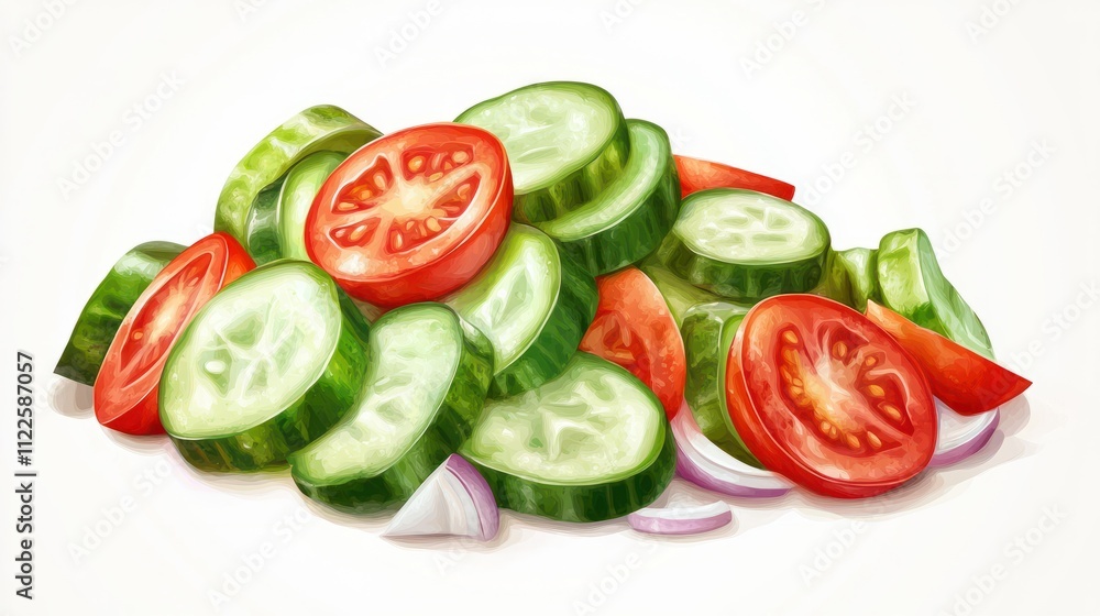 Fresh healthy salad with diced vegetables including cucumbers, tomatoes, and onions Fresh healthy salad with diced vegetables including cucumbers, tomatoes, and onions