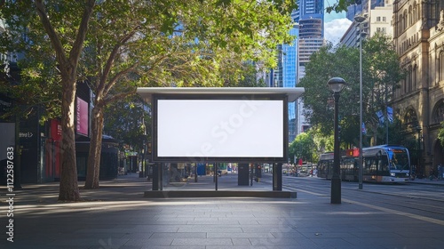 Empty white billboard sign mock-up at a tram bus stop shelter, showcasing potential ad space in the heart of Sydney urban cityscape for public transport. photo