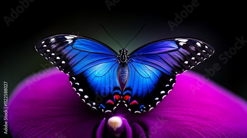 A blue butterfly sitting on top of a purple flower photo