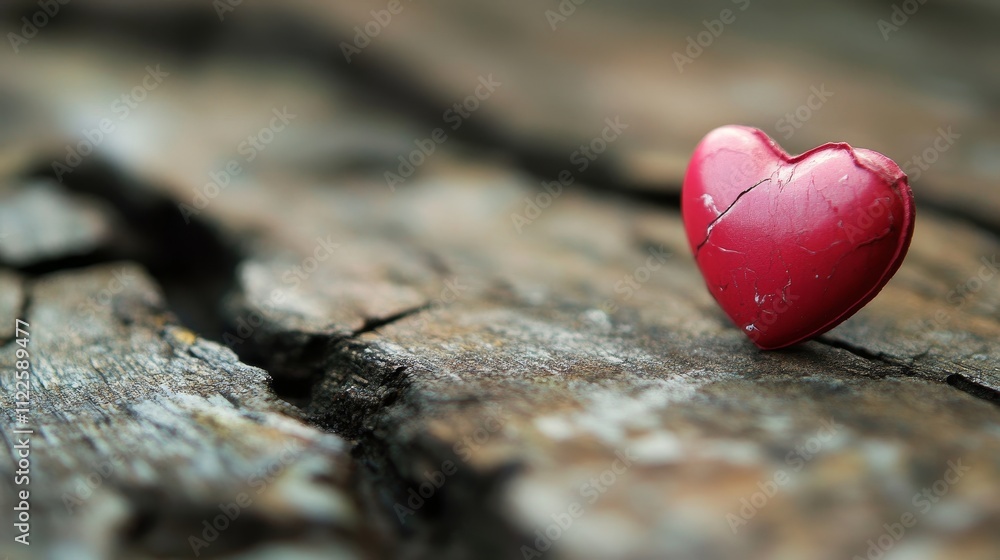 Fototapeta premium A small red heart, valentine-shaped object resting on a textured wooden surface.