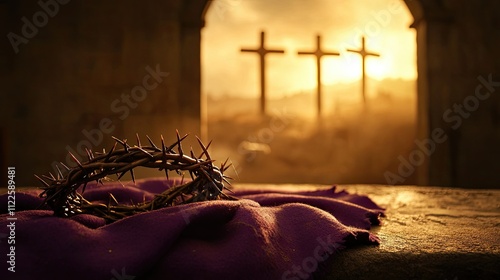 The crown of thorns and purple robe placed on a doorpost with the soft glow of sunrise, and three crosses rising in the background, signifying the crucifixion and resurrection of Jesus. photo