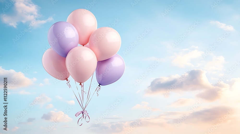 Obraz premium Joyful celebration colorful balloons floating in the sky with a blue background aerial view