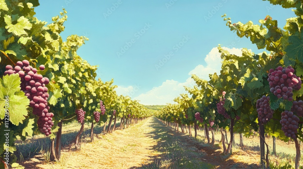 Fototapeta premium Wide view of a vineyard with ripe grape clusters under a clear blue sky, ideal for a wallpaper design with generous copy space.