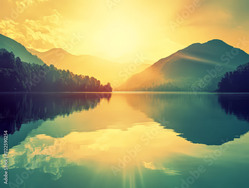 Wallpaper Mural Sunrise over a tranquil lake surrounded by mountains and trees reflecting on calm waters Torontodigital.ca