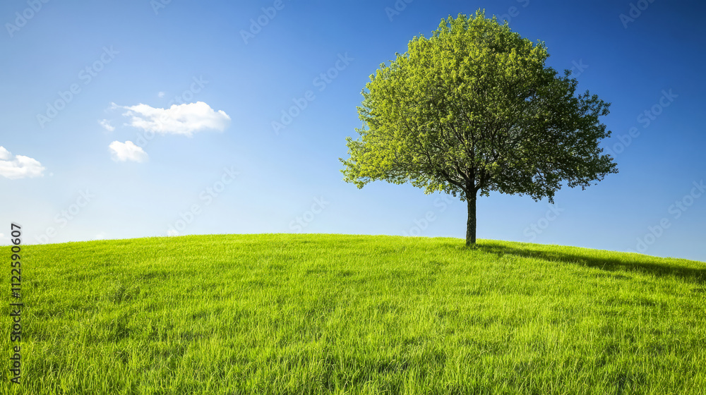 Lush green landscape with a solitary tree under a clear blue sky during daylight Lush green landscape with a solitary tree under a clear blue sky during daylight