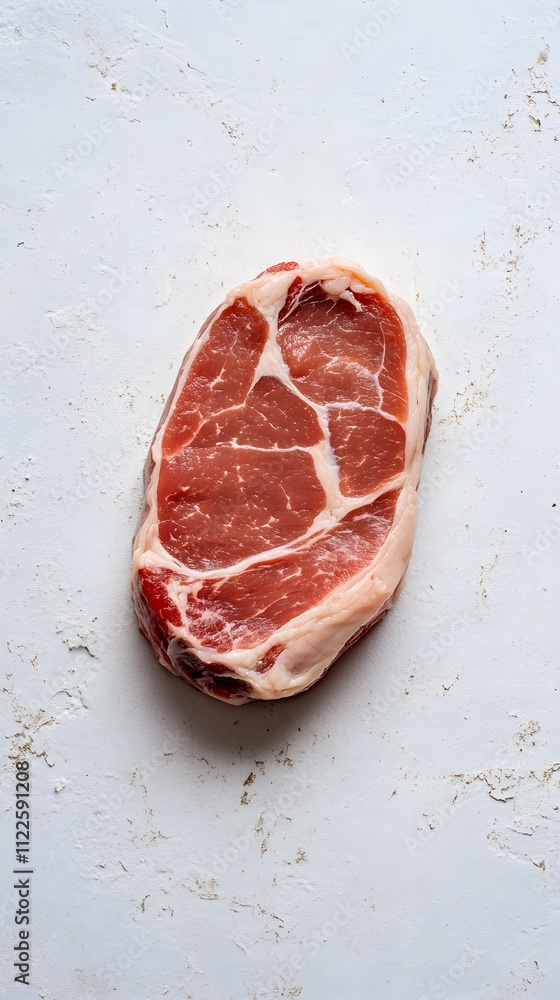Fototapeta premium A raw cut of meat, showcasing marbling and texture, ready for cooking or preparation.