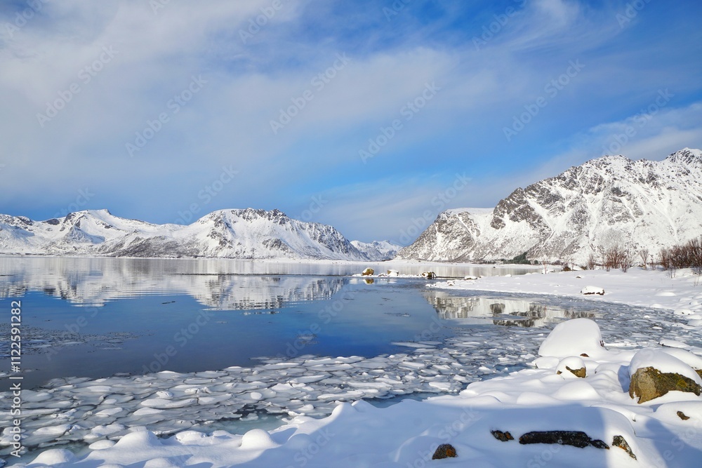 Beautiful lake with snow mountain during winter season at Norway.
