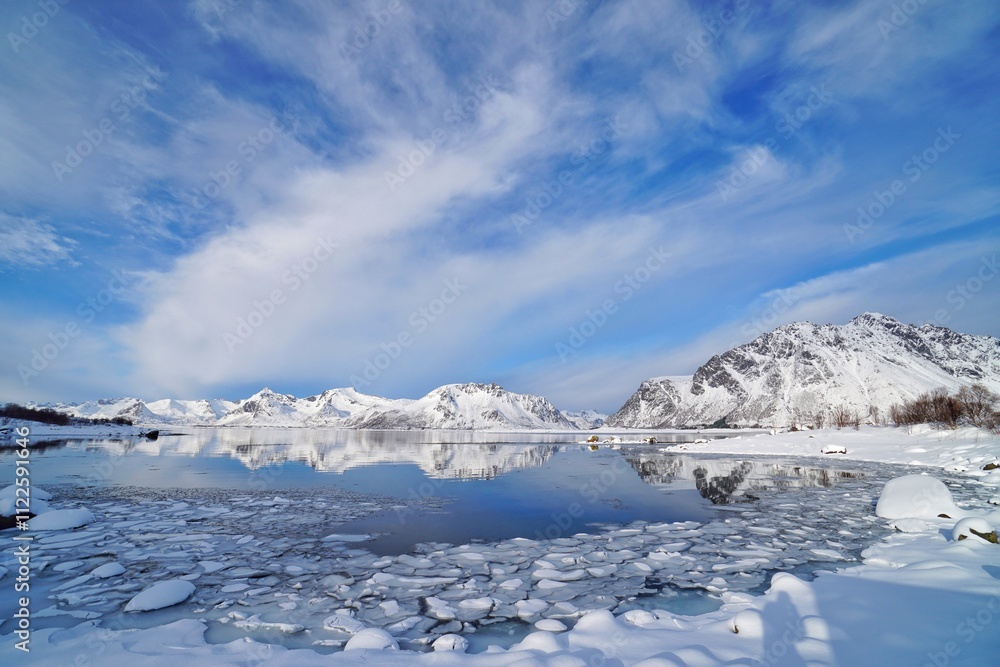 Beautiful lake with snow mountain during winter season.