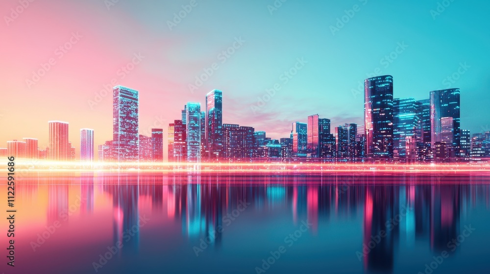 Obraz premium outline blueprint flow concept. A vibrant city skyline reflects in water, bathed in pink and blue hues, showcasing modern architecture and a tranquil atmosphere at twilight.