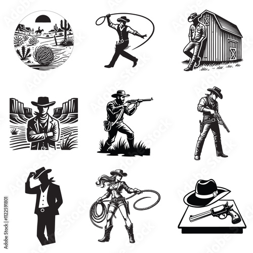 Collection of cowboy clipart vector illustration