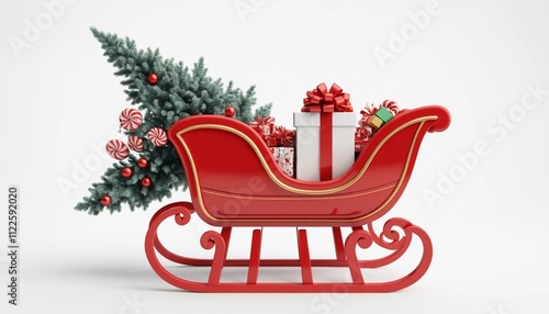 Red Christmas sleigh filled with gifts, candy canes, and a tree on white background. Concept of holiday celebration. 3D Rendering