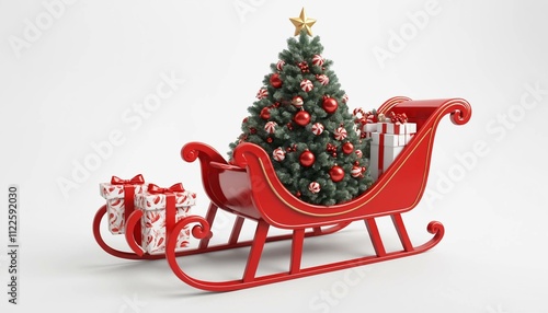 Red Christmas sleigh filled with gifts, candy canes, and a tree on white background. Concept of holiday celebration. 3D Rendering