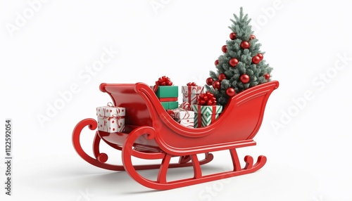 Red Christmas sleigh filled with gifts, candy canes, and a tree on white background. Concept of holiday celebration. 3D Rendering