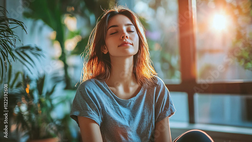 American businesswoman in formal dress sitting in lotus pose practicing yoga at workplace staying calm