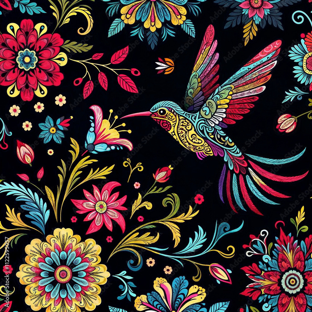 Fototapeta premium Hummingbird and flower floral pattern