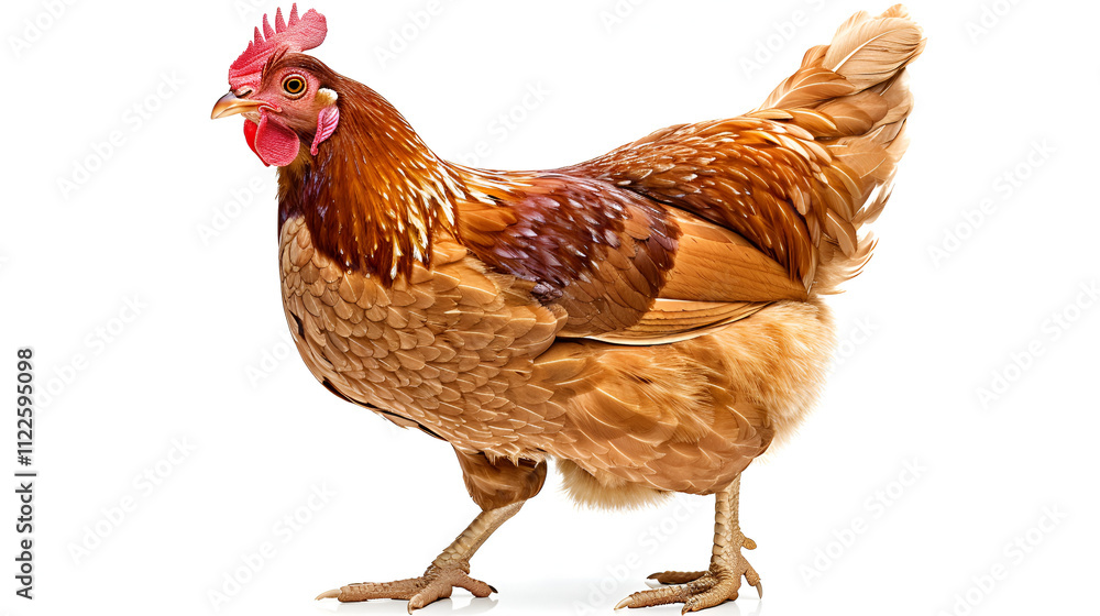 Fototapeta premium Low Angle View of a Chicken against black background Five Chickens on white, Generative Ai