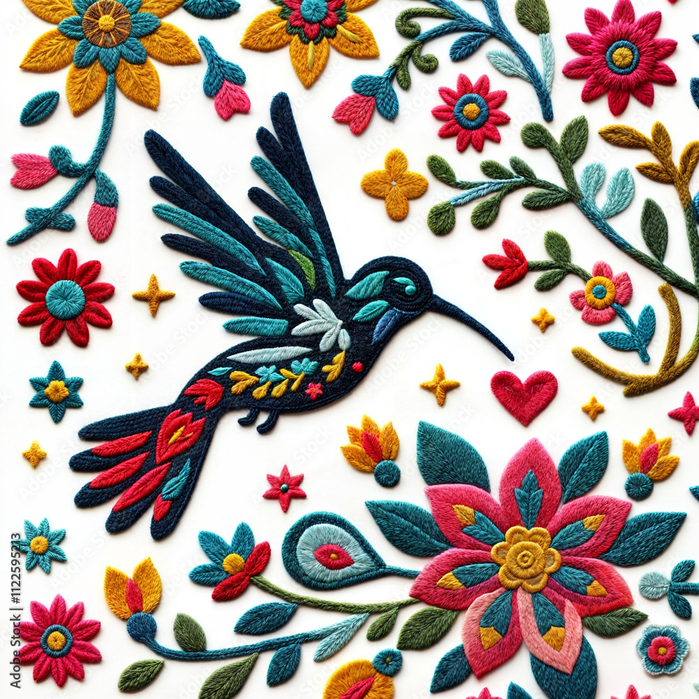 Obraz premium Handmade felt embroidery pattern featuring a hummingbird hovering over flowers.